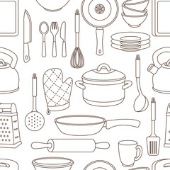 Seamless pattern with kitchen utensils. Cooking tools for home and restaurant.