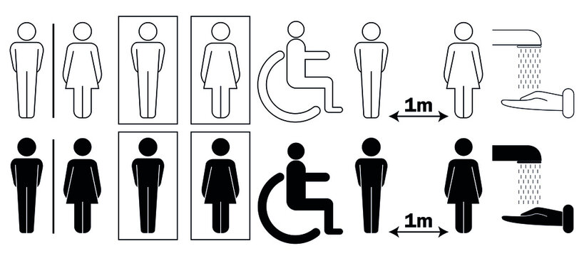 Bathroom symbol set. Icon set of public toilet, male and female, disabled, lavatory, keeping safe distance. Vector illustration. Editable Stroke