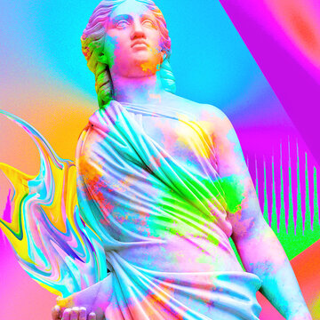 Contemporary concept collage art. Antique statues abstract chaos painted mix. Zine, vapor wave minimal fashion design