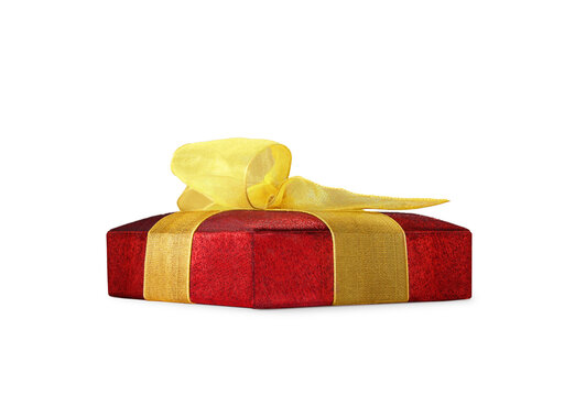 Realistic festive red box made of shiny cloth with yellow bow on white isolated background. Design element. Christmas, New Year, Birthday, Mother's, Father's, International Women's Day - Powered by Adobe