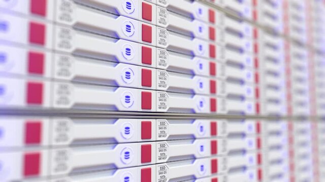 Modern server storage rack, cloud technology related looping motion background