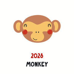 Cute cartoon monkey face, Asian zodiac sign, astrological symbol, isolated on white. Hand drawn vector illustration. Flat style design. 2028 Chinese New Year card, banner, poster, horoscope element.