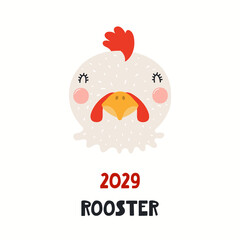 Cute cartoon rooster face, Asian zodiac sign, astrological symbol, isolated on white. Hand drawn vector illustration. Flat style design. 2029 Chinese New Year card, banner, poster, horoscope element.