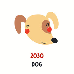 Cute cartoon dog face, Asian zodiac sign, astrological symbol, isolated on white. Hand drawn vector illustration. Flat style design. 2030 Chinese New Year card, banner, poster, horoscope element.