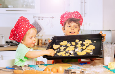 Boys put cookies on the tray prepare for baking