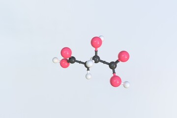 Malic acid molecule made with balls, isolated molecular model. 3D rendering