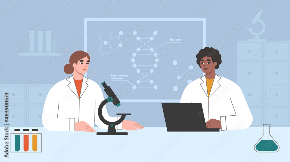 Wall mural scientists in a lab. woman in science concept. researchers or doctors in uniforms working with equip