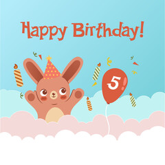 cute greeting card with rabbit and clouds for kids