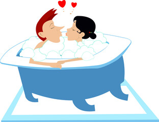 Love couple rendezvous in the bath illustration. 
Heart symbols. Young man and woman sitting in the bath and kissing one another isolated on white
