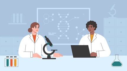 Scientists in a lab. Woman in science concept. Researchers or doctors in uniforms working with equipment in a scientific laboratory. Research, innovation, genetics concept. Flat vector illustration