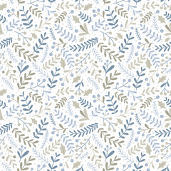 Christmas seamless floral pattern with berries and branches. Flat style, hand-drawn pastel palette.