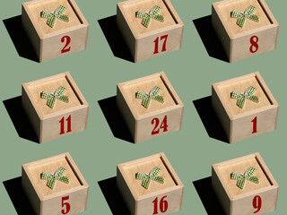 Advent calendar for Christmas gifts with date numbers for children. DIY wooden boxes pattern on light green background. Minimalism advent pattern.
