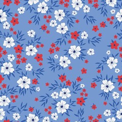 Fototapeta na wymiar Seamless vintage pattern abstract. wonderful red and white flowers and blue leaves. light blue background. vector texture . fashionable print for textiles, wallpaper and packaging. 