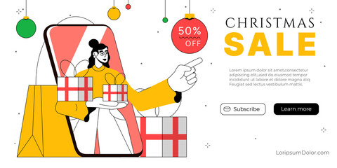 Christmas Sale Banner Design. Happy woman holding Xmas gifts and shopping bag. Social media or website shopping banner, holiday promotion, seasonal sale, online shop advertisement.