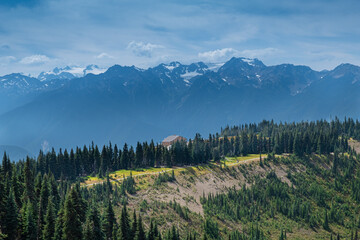 Hurricane Ridge Visitor Center and mountains viewed from north trails