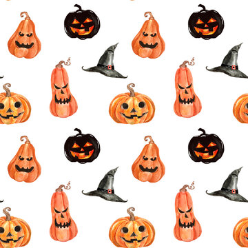 Halloween seamless pattern on white background. Watercolor scary jack o lantern pumpkins and witches hat. Spooky holiday print. Hand painted illustration.