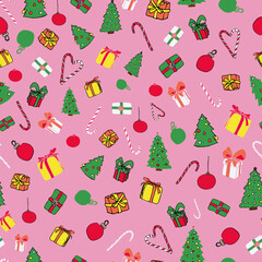 Vector Pink Christmas background pattern with gifts, trees, and candies