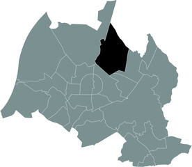 Black location administrative map of the Waldstadt district inside gray urban districts map of the German regional capital city of Karlsruhe, Germany