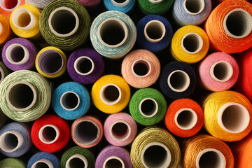 Set of color sewing threads as background, top view