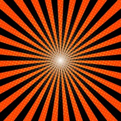 Orange and Black Sunburst Pattern Background. Rays. Sunburst background. Vector illustration. Orange and purple radial Halloween background. Halftone background.