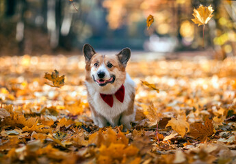  corgi dog puppy sits among fallen leaves in autumn sunny park