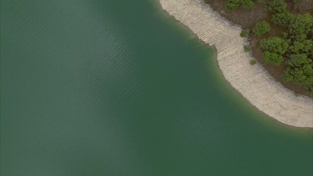 River lake dam fresh water aerial drone, La Tranquera Reservoir, Spain