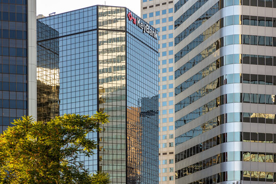 Denver, Colorado - October 3, 2021: Looking up a skyscraper in the financial and business district in downtown Denver, Colorado