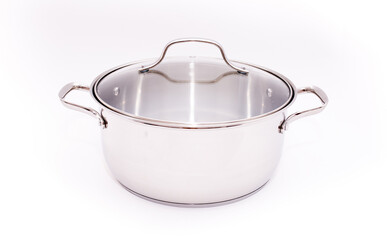 Pots set shiny stainless isolated on white background. cookware