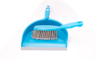 Scoop and brush blue cleaning kit isolated on white background