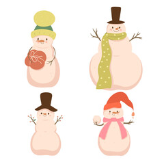 Set of four cute snowmen isolated on a white background. Vector graphics.