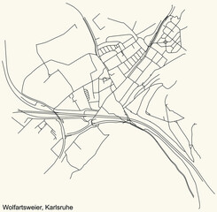 Detailed navigation urban street roads map on vintage beige background of the quarter Wolfartsweier district of the German regional capital city of Karlsruhe, Germany