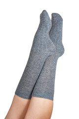 Gray warm high socks on woman legs elegant isolated on the white background