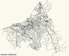 Fototapeta na wymiar Detailed navigation urban street roads map on vintage beige background of the quarter Durlach district of the German regional capital city of Karlsruhe, Germany