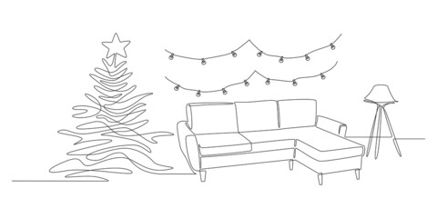 One continuous Line drawing of festive interior with sofa and lamp, christmas tree and garland. Trendy furniture for living room decor in simple linear style. Doodle vector illustration
