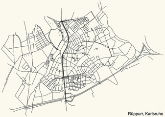 Fototapeta na wymiar Detailed navigation urban street roads map on vintage beige background of the quarter Rüppurr district of the German regional capital city of Karlsruhe, Germany