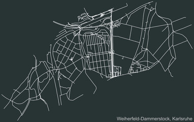 Detailed navigation urban street roads map on vintage beige background of the quarter Weiherfeld-Dammerstock district of the German regional capital city of Karlsruhe, Germany