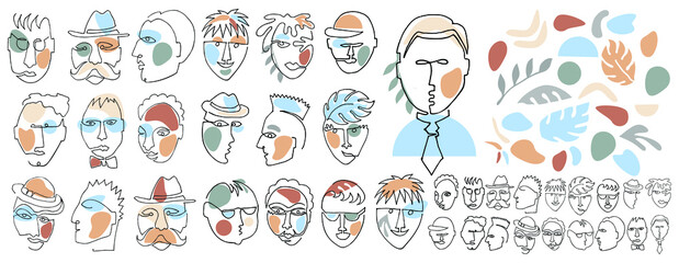 Big set of Men faces in minimal continuous drawn one line style and simple color shapes. Male portraits. Sketch vector man illustration for modern design. Abstract minimalist man head silhouettes.