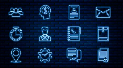 Set line Certificate template, Envelope, Identification badge, User of man in business suit, Stopwatch, Users group, Phone book and Business planning mind icon. Vector