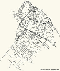 Detailed navigation urban street roads map on vintage beige background of the quarter Grünwinkel district of the German regional capital city of Karlsruhe, Germany
