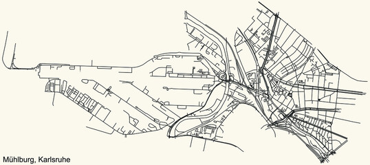 Obraz premium Detailed navigation urban street roads map on vintage beige background of the quarter Mühlburg district of the German regional capital city of Karlsruhe, Germany