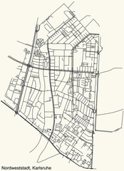 Detailed navigation urban street roads map on vintage beige background of the quarter Nordweststadt district of the German regional capital city of Karlsruhe, Germany