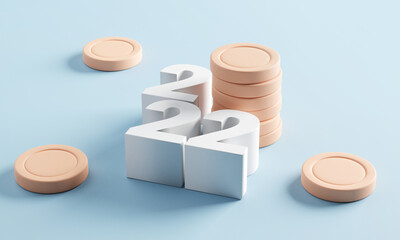Stack of coins with number 2022. New year financial and saving money concept. 3d render