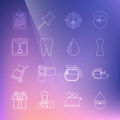 Set line Water drop with H2O, Coffee pot cup, Keyhole, Head hunting, Tooth, machine and, Clipboard dental card and icon. Vector