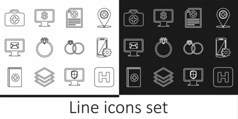 Set line Hospital, Setting on smartphone, Clinical record, Diamond engagement ring, Monitor and envelope, First aid kit, Wedding rings and with dollar icon. Vector