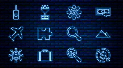 Set line Return of investment, Mountains, Product development, Piece puzzle, Plane, Remote control, Magnifying glass and Lead management icon. Vector