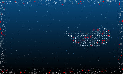 On the right is the eggplant symbol filled with white dots. Pointillism style. Abstract futuristic frame of dots and circles. Some dots is red. Vector illustration on blue background with stars