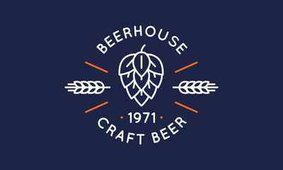 Beer House logo with hop and wheat icons. Craft beer logo in trendy line style. Beer label, emblem isolated on white background. Vector illustration