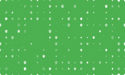 Seamless background pattern of evenly spaced white acorn symbols of different sizes and opacity. Vector illustration on green background with stars