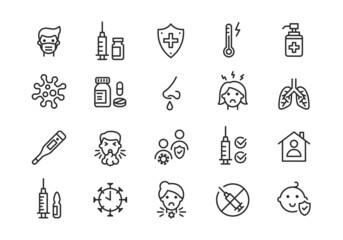 Flu, Coronavirus and Vaccine icons. Set of 20 trendy minimal icons. Wearing Mask, Virus, Vaccine, Flu disease prevention icons. Design signs for banner, web page, mobile app. Vector illustration