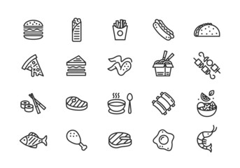 Food icons. Set of 20 food trendy minimal icons. Burger, ribs, fries, taco icon etc. Design signs for cafe, restaurant menu, web page, mobile app, logo, banner, packaging design. Vector illustration